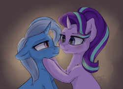 Size: 1257x912 | Tagged: safe, artist:haruhi-il, derpibooru import, starlight glimmer, trixie, pony, unicorn, abstract background, couple, cute, female, lesbian, looking at each other, mare, shipping, startrix