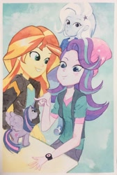 Size: 1378x2048 | Tagged: safe, artist:tyantyai_mokka, starlight glimmer, sunset shimmer, trixie, twilight sparkle, twilight sparkle (alicorn), alicorn, pony, equestria girls, beanie, clothes, hat, micro, size difference, traditional art, watercolor painting