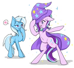 Size: 800x739 | Tagged: safe, artist:azurepicker, derpibooru import, starlight glimmer, trixie, unicorn, belly button, bipedal, blushing, cape, clothes, female, floppy ears, hat, heart, lesbian, shipping, simple background, startrix, trixie's cape, trixie's hat, white background