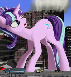 Size: 1920x2108 | Tagged: safe, artist:styroponyworks, starlight glimmer, human, pony, unicorn, 3d, anatomically incorrect, blender, bus, car, city, dock, fire, giant pony, giant starlight glimmer, incorrect leg anatomy, macro, mega glimmer, mixed media, open mouth, rescue, vehicle