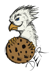 Size: 901x1256 | Tagged: safe, artist:fleeks, artist:tinibirb, color edit, edit, oc, oc only, oc:der, griffon, colored, cookie, food, micro, monochrome, sketch, solo, that griffon sure "der"s love cookies
