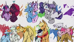 Size: 1920x1080 | Tagged: safe, artist:artfestation, derpibooru import, applejack, coloratura, gilda, maud pie, pinkie pie, rainbow dash, rarity, spitfire, starlight glimmer, tempest shadow, trixie, twilight sparkle, twilight sparkle (alicorn), vapor trail, alicorn, earth pony, griffon, pegasus, pony, unicorn, female, gildapie, kiss on the cheek, kiss sandwich, kissing, lesbian, ot3, polyamory, rarajack, rarimaud, shipping, startrix, tempestlight