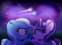 Size: 3471x2500 | Tagged: safe, artist:bubbly-storm, derpibooru import, starlight glimmer, trixie, pony, unicorn, female, lesbian, looking at each other, mare, night, shipping, shooting star, smiling, startrix