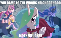 Size: 1000x625 | Tagged: safe, artist:kumkrum, princess cadance, princess celestia, princess luna, alicorn, pony, image macro, vulgar, warrior celestia, warrior luna, wrong neighborhood