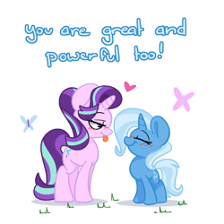 Size: 1500x1500 | Tagged: safe, artist:lou, derpibooru import, starlight glimmer, trixie, butterfly, pony, unicorn, blushing, female, great and powerful, heart, lesbian, shipping, size difference, startrix, tongue out
