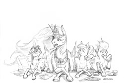 Size: 1400x938 | Tagged: safe, artist:baron engel, princess celestia, oc, oc:blood feather, oc:phoenix, oc:quick silver, alicorn, pony, grayscale, lying down, magic, monochrome, pencil drawing, simple background, sketch, story included, traditional art, white background