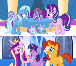 Size: 2973x2573 | Tagged: safe, artist:zozorarara, derpibooru import, princess cadance, starlight glimmer, sunburst, trixie, twilight sparkle, alicorn, pony, family, female, lesbian, magical lesbian spawn, offspring, parent:starlight glimmer, parent:trixie, parents:startrix, shipping, startrix