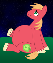 Size: 850x1000 | Tagged: safe, artist:lozar, big macintosh, earth pony, pony, belly, hyper, hyper pregnancy, impossibly large belly, male, male pregnancy, night, pregnant, show accurate, simple background, smiling, solo, stallion