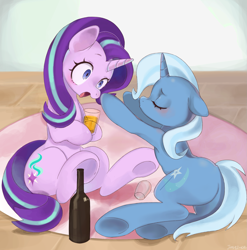 Size: 2189x2213 | Tagged: safe, artist:jus+ice, derpibooru import, starlight glimmer, trixie, pony, unicorn, alcohol, beer, blushing, drunk, drunker glimmer, drunklight glimmer, female, lesbian, mare, shipping, startrix, the great and alcoholics trixie