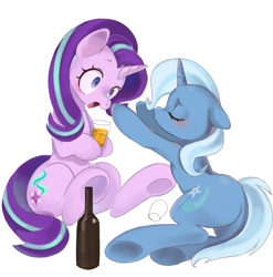 Size: 2189x2213 | Tagged: safe, alternate version, artist:jus+ice, derpibooru import, starlight glimmer, trixie, pony, unicorn, alcohol, beer, drunk, drunker glimmer, drunklight glimmer, female, lesbian, mare, shipping, simple background, startrix, the great and alcoholics trixie
