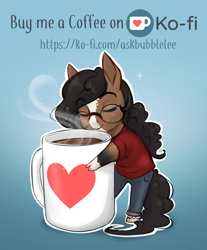 Size: 2902x3507 | Tagged: safe, artist:askbubblelee, oc, oc only, oc:walter nutt, anthro, unguligrade anthro, advertisement, anthro oc, chibi, clothes, coffee, coffee mug, cute, glasses, hug, ko-fi, micro, mug, ocbetes, pants, shirt, smiling, tiny ponies