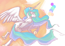 Size: 1000x706 | Tagged: dead source, safe, artist:electriczebra, princess celestia, alicorn, pony, eyes closed, flying, solo