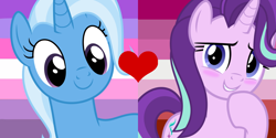 Size: 1000x500 | Tagged: safe, artist:prideponies, derpibooru import, starlight glimmer, trixie, pony, unicorn, blushing, female, gender headcanon, headcanon, lesbian, lesbian pride flag, lgbt, lgbt headcanon, male, mare, pride, sexuality headcanon, shipping, shipping domino, stallion, startrix, straight, trans girl, trans lesbian pride flag, transgender