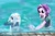 Size: 1024x683 | Tagged: safe, artist:eyonsplicer, derpibooru import, starlight glimmer, trixie, equestria girls, beanie, bracelet, clothes, commission, cute, duo, female, hat, jewelry, lesbian, outdoors, shipping, splash, splashing, startrix, swimming pool, water, wet, wet clothes, wet hair