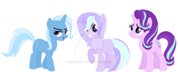 Size: 1024x416 | Tagged: safe, artist:mudkipzuniverse, derpibooru import, starlight glimmer, trixie, pony, unicorn, family, female, lesbian, magical lesbian spawn, obtrusive watermark, offspring, parent:starlight glimmer, parent:trixie, parents:startrix, shipping, startrix, watermark