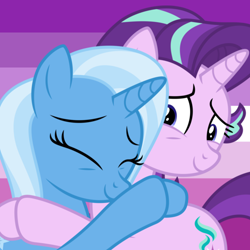 Size: 500x500 | Tagged: safe, artist:beesprites, artist:dashiesparkle, derpibooru import, starlight glimmer, trixie, pony, unicorn, eyes closed, female, lesbian, mare, shipping, smiling, startrix