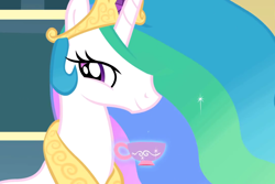 Size: 960x640 | Tagged: safe, screencap, princess celestia, alicorn, pony, a bird in the hoof, cup, cute, cutelestia, female, jewelry, magic, mare, mischievous, peytral, regalia, smiling, solo, tea, teacup, telekinesis