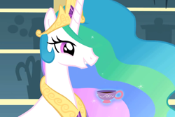 Size: 960x640 | Tagged: safe, screencap, princess celestia, alicorn, pony, a bird in the hoof, female, horn, mare, multicolored mane, solo, tea, white coat