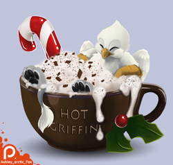 Size: 1000x950 | Tagged: safe, artist:arctic-fox, oc, oc only, oc:der, griffon, candy, candy cane, chocolate, cup, eyes closed, food, hot chocolate, male, micro, paws, solo