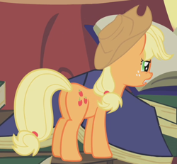 Size: 554x512 | Tagged: safe, screencap, applejack, earth pony, pony, bridle gossip, appletini, book, cropped, female, freckles, golden oaks library, mare, micro, open mouth, plot, rear view, solo