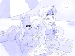 Size: 1024x768 | Tagged: safe, artist:novaintellus, derpibooru import, starlight glimmer, trixie, pony, unicorn, beach, clothes, female, food, glowing horn, ice cream, lesbian, magic, mare, monochrome, newbie artist training grounds, shipping, sketch, smiling, startrix, swimsuit