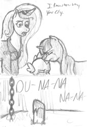 Size: 534x781 | Tagged: safe, artist:lordfunkyfist, princess celestia, spike, twilight sparkle, alicorn, dragon, pony, candle, chains, clothes, dialogue, monochrome, sad, terminator