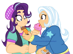 Size: 1024x758 | Tagged: safe, artist:saminamina, derpibooru import, starlight glimmer, trixie, human, crackers, female, food, humanized, ice cream, lesbian, peanut butter, peanut butter crackers, shipping, simple background, startrix, transparent background