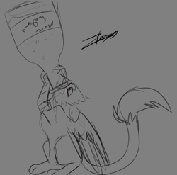 Size: 3336x3300 | Tagged: safe, artist:xeirla, oc, oc only, oc:der, griffon, alcohol, champagne, drink, drinking, micro, monochrome, sketch, solo