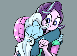 Size: 1349x980 | Tagged: safe, artist:christheblue, derpibooru import, starlight glimmer, trixie, equestria girls, accessory swap, beanie, clothes, clothes swap, cute, diatrixes, eyes closed, female, glimmerbetes, gray background, hat, hug, lesbian, romance, shipping, simple background, smiling, startrix, toque