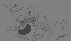 Size: 1234x707 | Tagged: safe, artist:xeirla, oc, oc only, oc:der, griffon, biting, dialogue, english, grayscale, holding, male, micro, monochrome, pod, sitting, sketch, smiley, solo, tide, tide pods