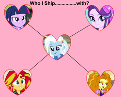 Size: 1994x1606 | Tagged: safe, artist:themexicanpunisher, derpibooru import, adagio dazzle, starlight glimmer, sunset shimmer, trixie, twilight sparkle, equestria girls, equestria girls (movie), mirror magic, rainbow rocks, spoiler:eqg specials, female, lesbian, meme, shipping, startrix, suntrix, triagio, trixie gets all the mares, twixie