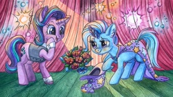 Size: 969x548 | Tagged: safe, artist:red-watercolor, derpibooru import, starlight glimmer, trixie, pony, unicorn, assistant, bouquet, clothes, duo, female, flower, lesbian, magic show, magic trick, marriage proposal, rose, shipping, stage, startrix, traditional art, watercolor painting