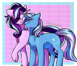 Size: 1280x1111 | Tagged: safe, artist:bluestarbubbles, derpibooru import, starlight glimmer, trixie, pony, unicorn, blushing, eyes closed, female, lesbian, nuzzling, shipping, smiling, startrix