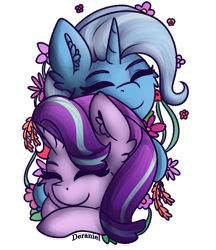 Size: 935x1080 | Tagged: safe, artist:deraniel, derpibooru import, starlight glimmer, trixie, pony, unicorn, cute, female, flower, friendship, hug, lesbian, shipping, simple background, startrix, transparent background