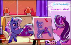 Size: 1280x821 | Tagged: safe, artist:1racat, derpibooru import, starlight glimmer, trixie, pony, unicorn, canvas, clothes, dialogue, draw me like one of your french girls, female, hat, lesbian, lying down, painting, shipping, smiling, sofa, startrix, trixie's hat