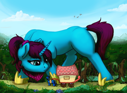 Size: 1600x1172 | Tagged: safe, artist:penny-wren, oc, oc only, oc:altus bastion, pony, unicorn, blank flank, commission, giant pony, giant unicorn, macro, size difference, wagon