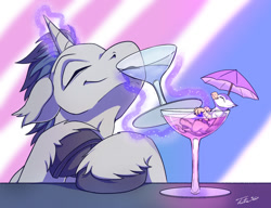 Size: 1200x921 | Tagged: safe, artist:tsitra360, oc, oc only, oc:der, oc:verlo streams, griffon, unicorn, alcohol, cocktail glass, drink, drunk, duo, glowing horn, magic, male, micro, simple background, telekinesis, umbrella, underhoof, unshorn fetlocks