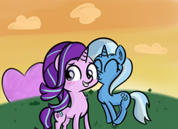 Size: 1386x1006 | Tagged: safe, artist:artiks, derpibooru import, starlight glimmer, trixie, pony, unicorn, blushing, cloud, female, heart, jumping, lesbian, shipping, startrix, sunset