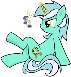 Size: 6000x6528 | Tagged: safe, artist:reconprobe, bon bon, lyra heartstrings, sweetie drops, pony, absurd resolution, crossed legs, duo, duo female, female, macro, magic, mare, mega lyra, micro, simple background, size difference