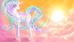 Size: 1366x768 | Tagged: safe, artist:laweegie, princess celestia, alicorn, pony, cloud, cloudy, solo, sunrise, wallpaper