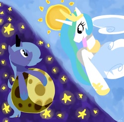 Size: 2000x1968 | Tagged: safe, artist:luna77899, princess celestia, princess luna, alicorn, pony, moon, s1 luna, sisters, sun, tangible heavenly object