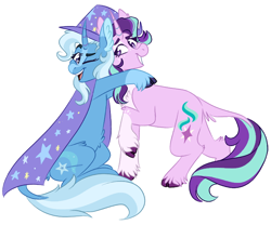 Size: 738x613 | Tagged: safe, artist:wanderingpegasus, derpibooru import, starlight glimmer, trixie, classical unicorn, pony, unicorn, blaze (coat marking), cloven hooves, curved horn, female, happy, hug, leonine tail, lesbian, mare, shipping, simple background, smiling, socks (coat marking), startrix, unshorn fetlocks, white background