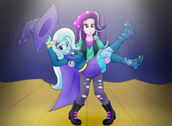 Size: 3930x2880 | Tagged: safe, artist:poseidonathenea, derpibooru import, starlight glimmer, trixie, better together, equestria girls, mirror magic, spoiler:eqg specials, beanie, bridal carry, cape, carrying, clothes, female, hat, smiling, spotlight, stage, startrix, trixie's cape, trixie's hat