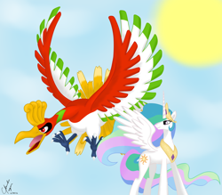 Size: 1024x896 | Tagged: safe, artist:clawzipan, princess celestia, alicorn, pony, crossover, ho-oh, pokémon