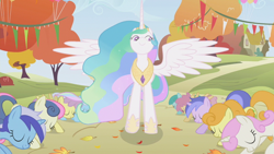 Size: 640x360 | Tagged: safe, screencap, amethyst star, bon bon, carrot top, golden harvest, minuette, princess celestia, sparkler, sweetie drops, alicorn, earth pony, pegasus, pony, unicorn, swarm of the century, female, mare