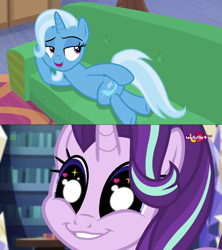 Size: 1280x1440 | Tagged: safe, derpibooru import, starlight glimmer, trixie, pony, unicorn, equestria girls, mirror magic, road to friendship, spoiler:eqg specials, crossing the memes, draw me like one of your french girls, female, glimmie, heart eyes, lesbian, looking back, mare, meme, prone, shipping, sofa, startrix, sultry pose, wingding eyes