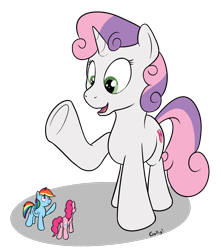 Size: 1032x1169 | Tagged: safe, artist:rapidstrike, pinkie pie, rainbow dash, sweetie belle, earth pony, pegasus, pony, unicorn, looking at each other, micro, requested art, shrunk, simple background, size difference, transparent background, underhoof, waving