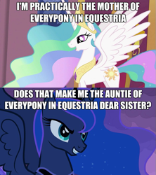 Size: 625x704 | Tagged: safe, princess celestia, princess luna, alicorn, pony, caption, crown, female, horn, image macro, jewelry, mare, regalia, siblings, sisters