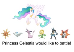 Size: 1016x709 | Tagged: safe, princess celestia, alicorn, pony, crossover, espeon, lucario, pokémon, pokémon team, solrock, sunflora, togekiss, volcarona