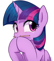 Size: 2100x2400 | Tagged: safe, artist:maren, twilight sparkle, twilight sparkle (alicorn), alicorn, pony, bust, chopsticks, cute, female, high res, hooves together, mare, mouth hold, simple background, smiling, solo, twiabetes, white background